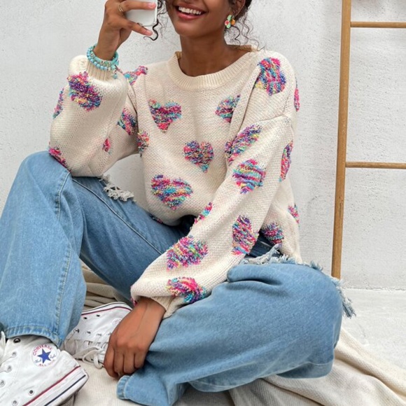 Cream Hearts Print Oversized Knit Sweater Top - Picture 2 of 6